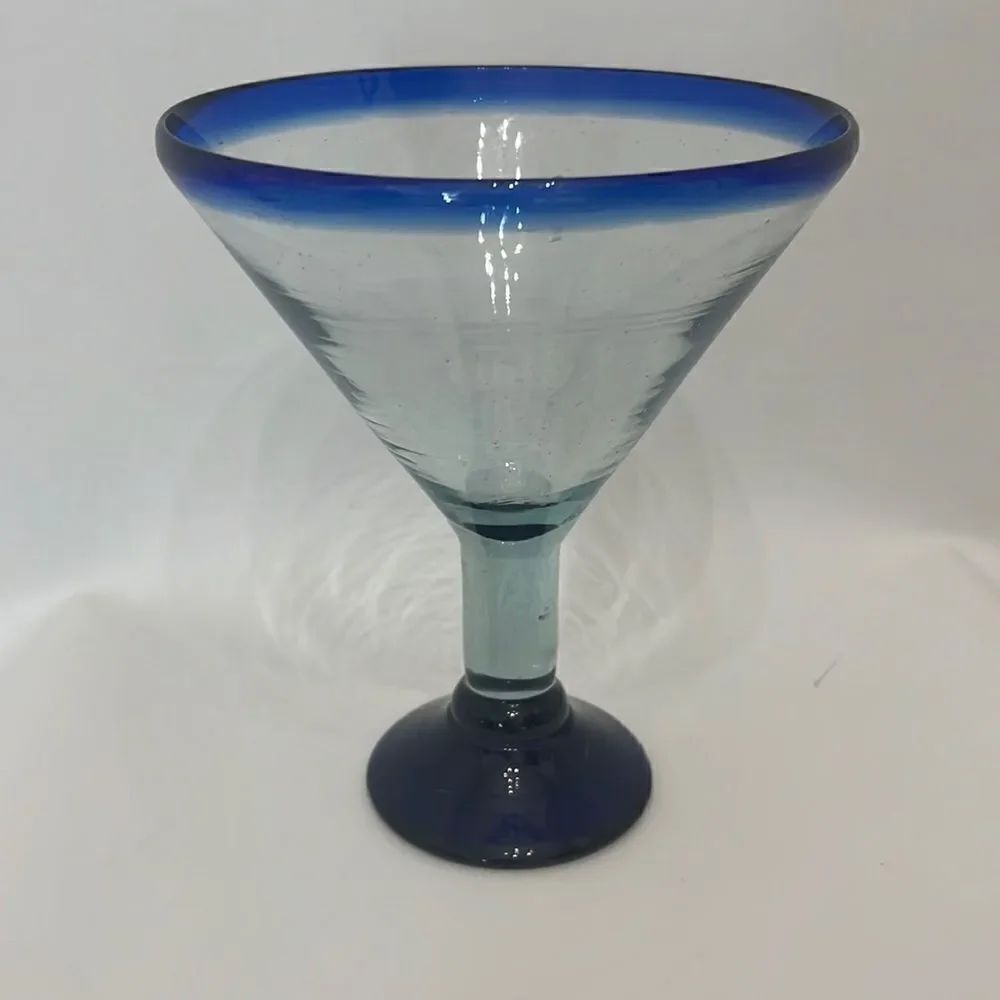 Blue Margarita Glass Hand Blown 4 Cups 6 1/2 In Round 7 3/4 Tall